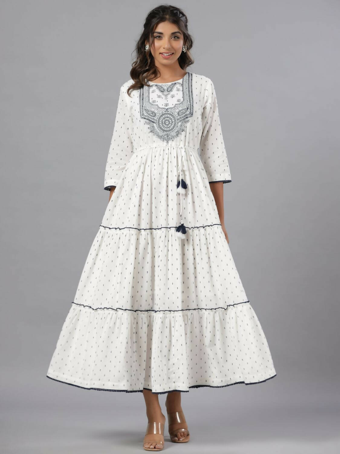 Juniper Women Off-White Cotton Dobby Embroidered Tiered Maxi Dress | Grocsy