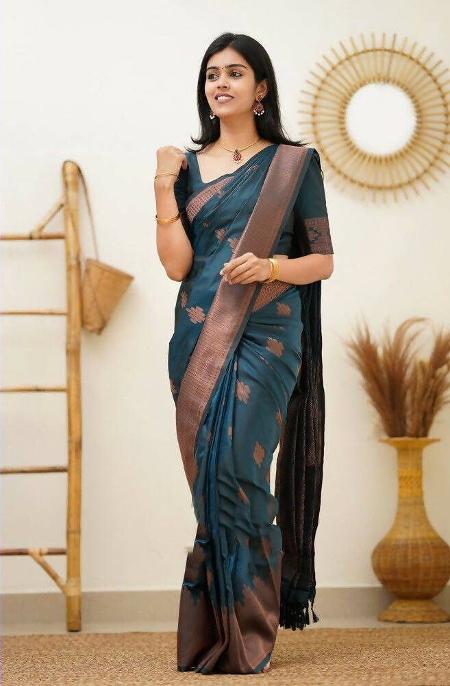 DEIANA'S Beautiful Designer Golden zari Soft Lichi Silk Saree - Teal | Grocsy