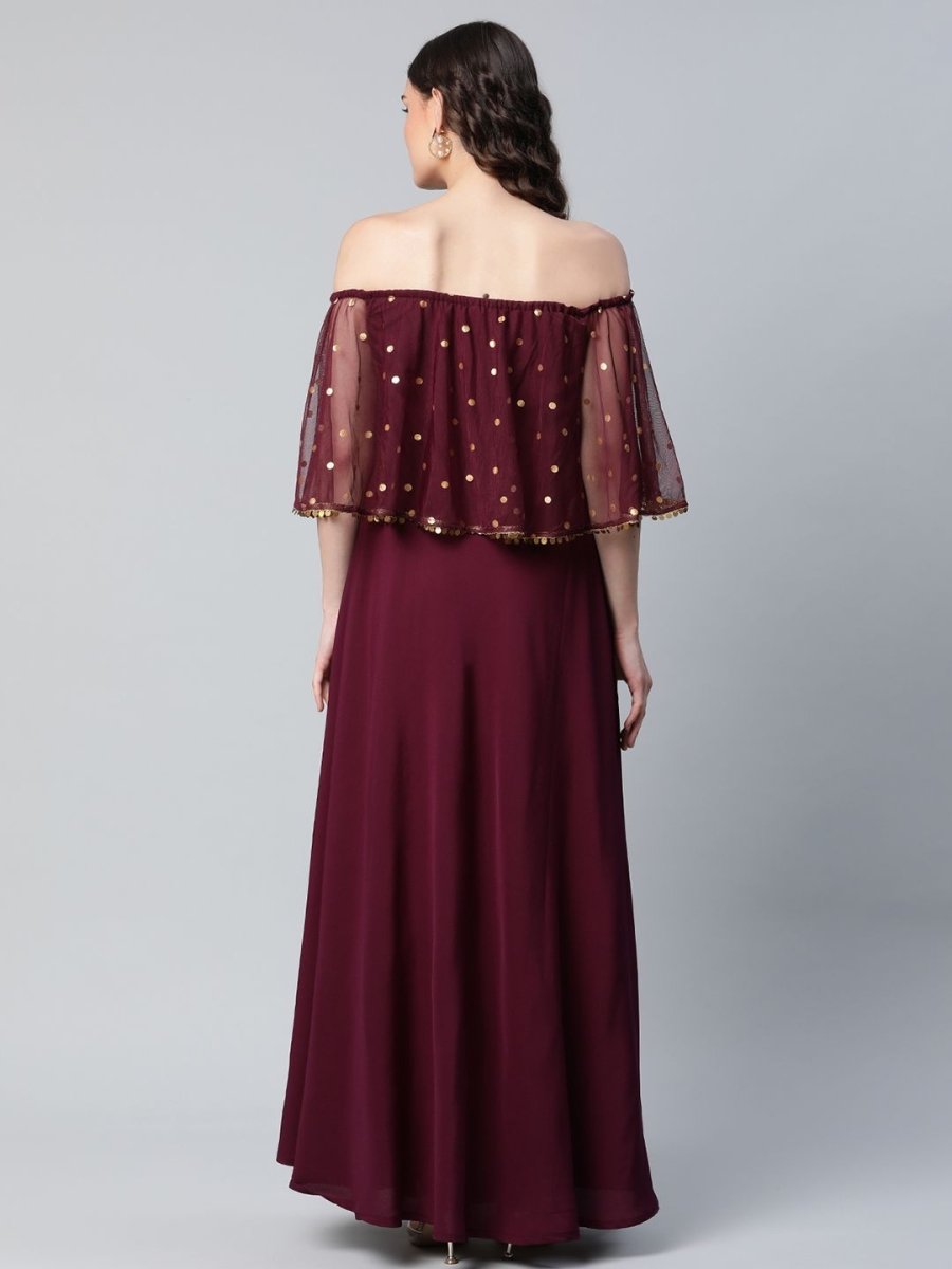 Ahalyaa Women Wine Colour Crepe & Net Gold Printed Dress | Grocsy