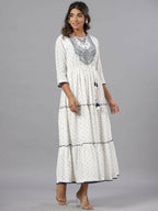 Juniper Women Off-White Cotton Dobby Embroidered Tiered Maxi Dress | Grocsy