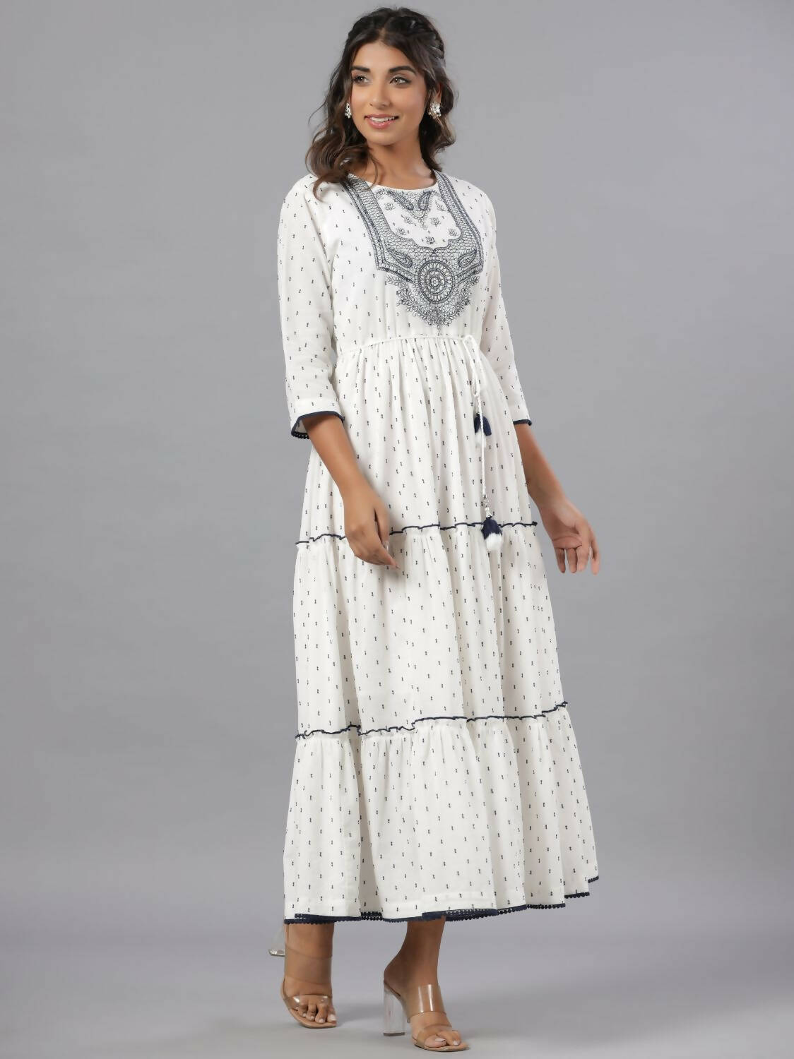 Juniper Women Off-White Cotton Dobby Embroidered Tiered Maxi Dress | Grocsy