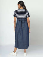 Manet Half Sleeves Maternity Dress White Striped With Concealed Zipper Nursing Access - Navy | Grocsy