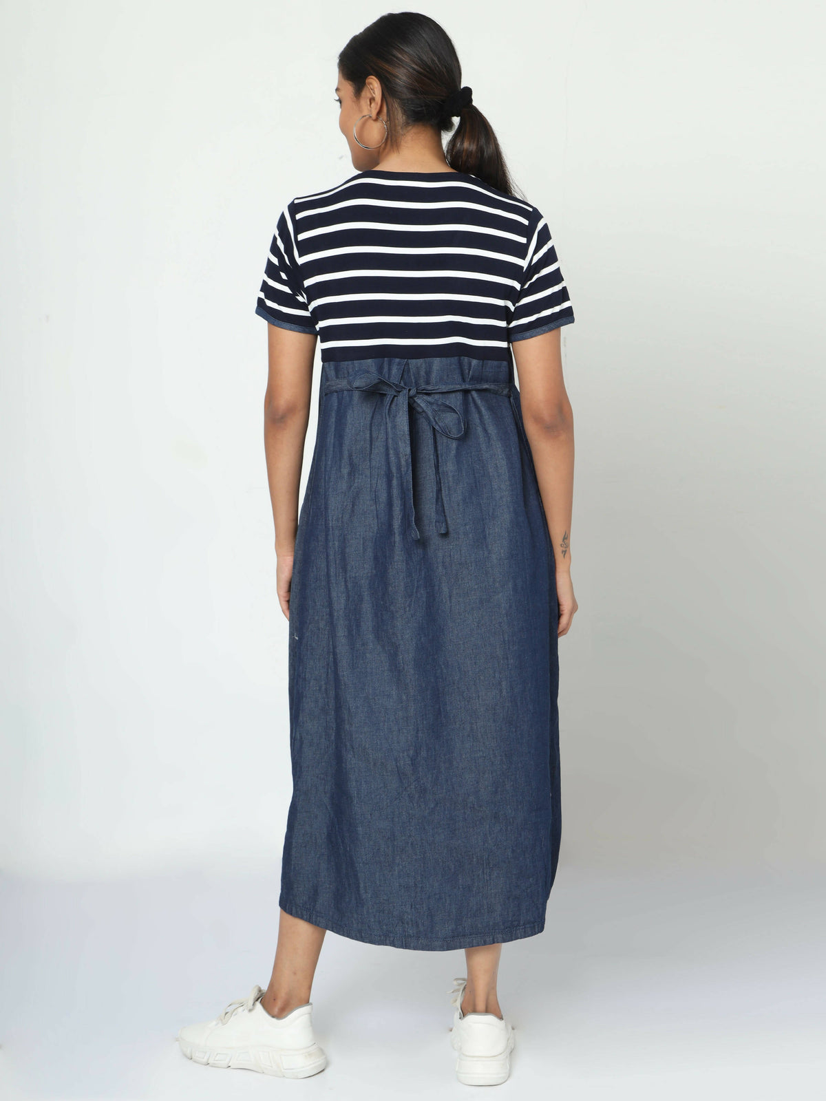 Manet Half Sleeves Maternity Dress White Striped With Concealed Zipper Nursing Access - Navy | Grocsy