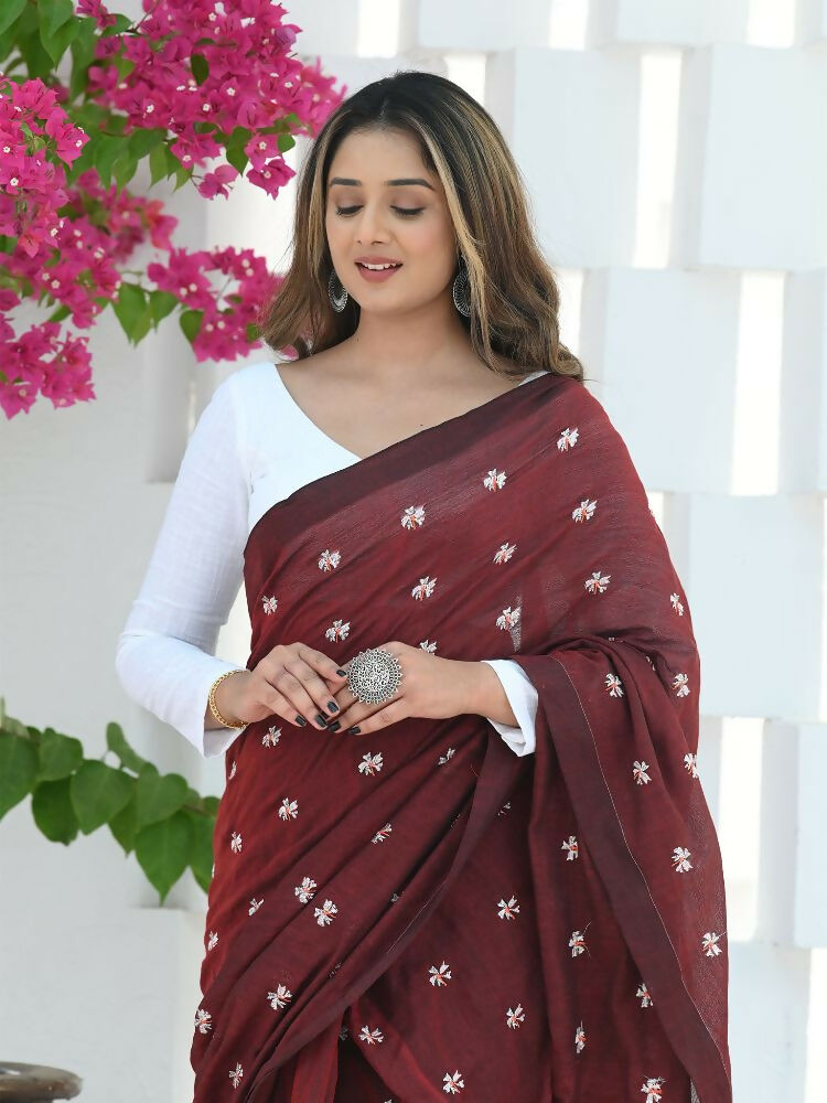 Beatitude Maroon Khadi Floral Embroidered Saree | Grocsy