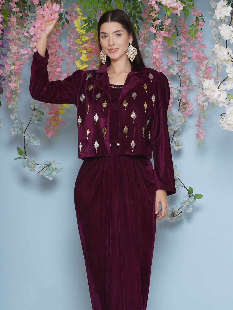 Joban Fashion Wine Hand Embellished Jacket with inner and skirt | Grocsy