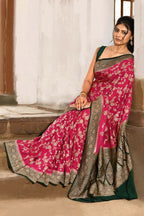 Joban Fashion Hot Pink Crepe Chiffon Pure Handloom Banarasi Silk Saree | Grocsy