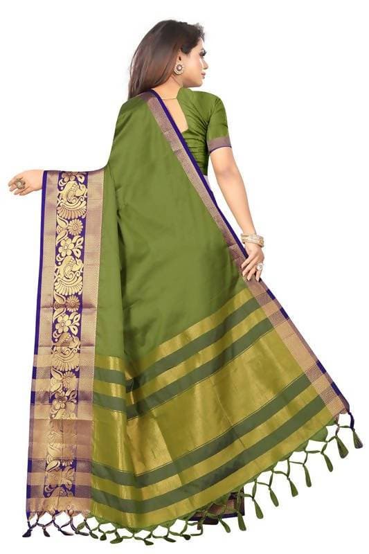 Vamika Banarasi Cotton Silk Weaving Green Saree (DOCTOR MOR GREEN) | Grocsy