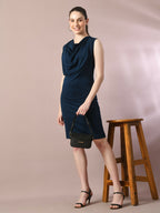 Myshka Women's Navy Blue Solid Cowl Neck Bodycon Party Dress | Grocsy