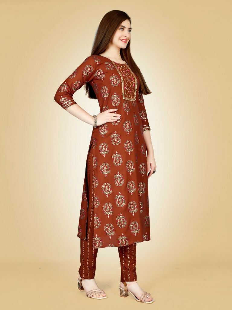 Jyoti Fashion Women's Rust Viscose Rayon Embroidered Kurta Pant Set | Grocsy