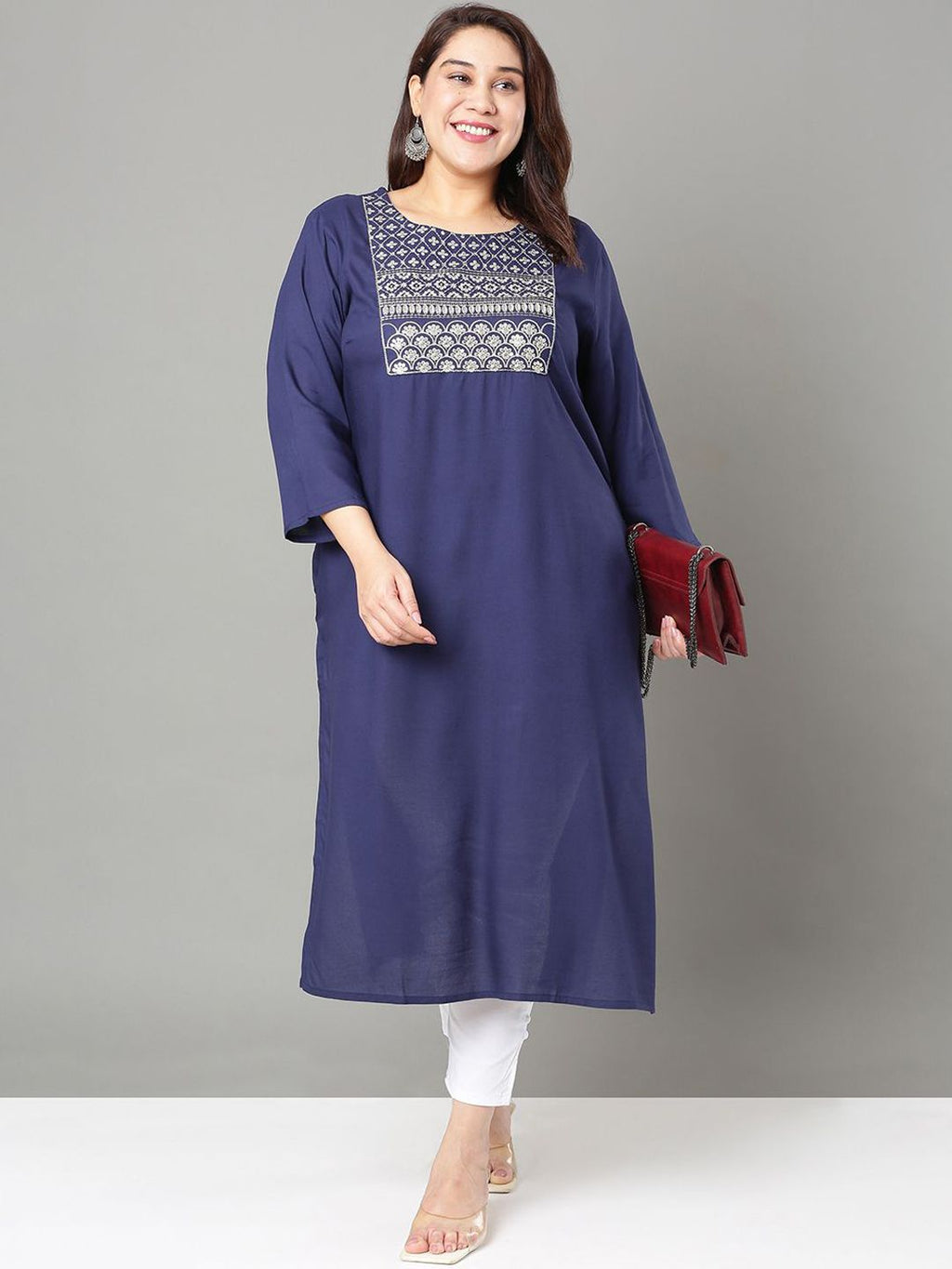 Sztori Floral Embroidered Yoke Design Thread Work Straight Kurta | Grocsy