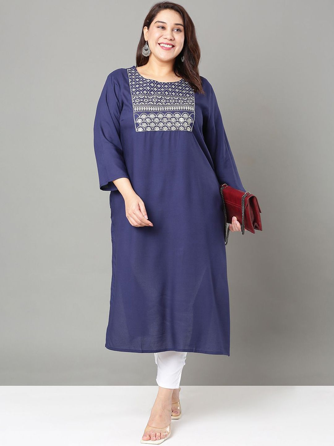 Sztori Floral Embroidered Yoke Design Thread Work Straight Kurta | Grocsy