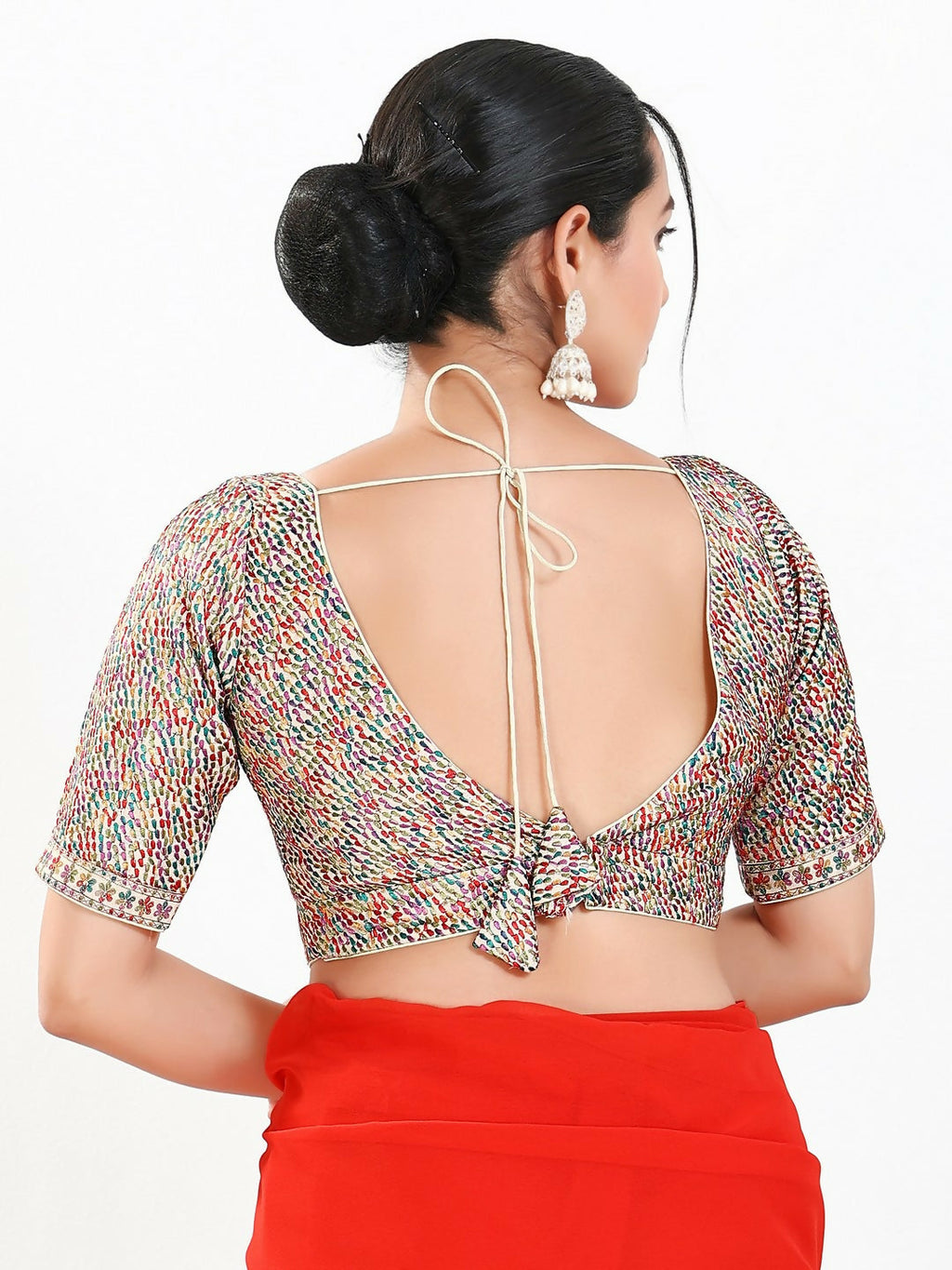 Joban Fashion Multi Mulberry Silk Padded Blouse With V Neck Elbow Sleeves | Grocsy