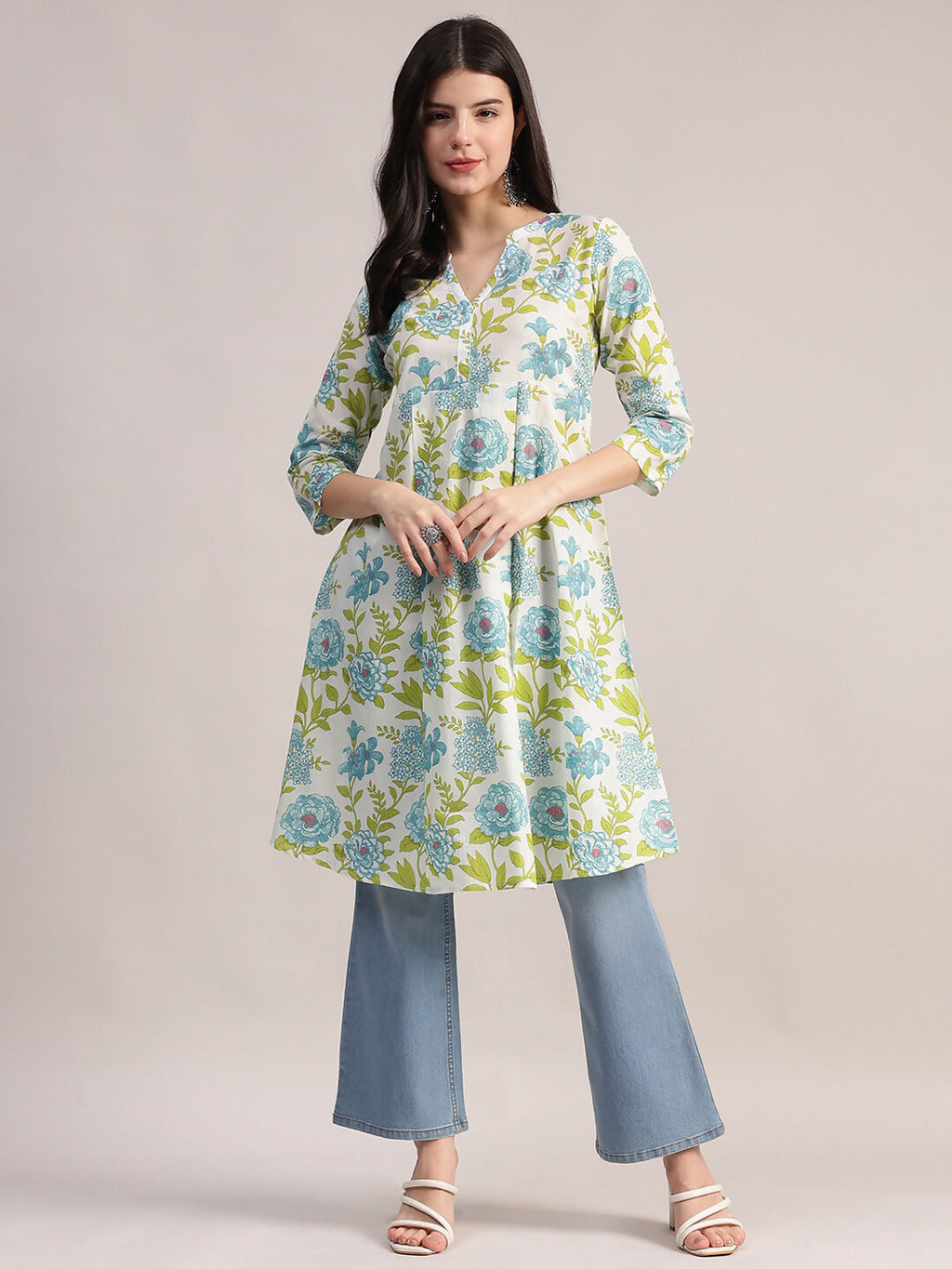 Aavyora Women's Off-White and Blue Cotton A-Line Tunic with Blue and Green Floral Print. | Grocsy