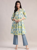 Aavyora Women's Off-White and Blue Cotton A-Line Tunic with Blue and Green Floral Print. | Grocsy