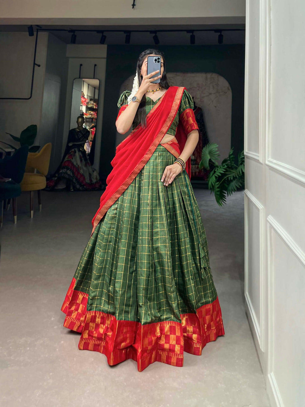 Vastranavya South Indian Style Lehenga Choli - Green | Grocsy