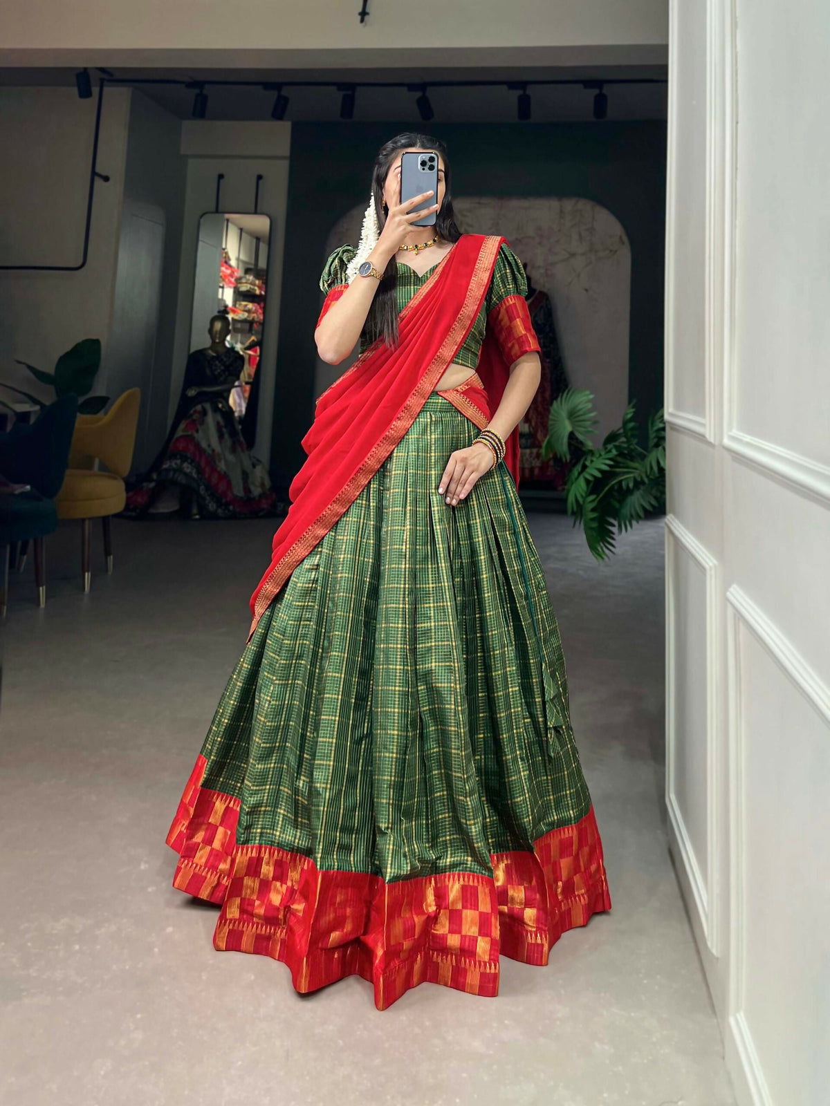 Vastranavya South Indian Style Lehenga Choli - Green | Grocsy