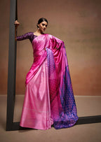 Pink Satin Digital Printed Saree with Unstitched Blouse Piece - Jodha | Grocsy