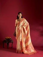 Joban Fashion Cream & Pink Plain With Weaving Border Banarasi Silk Sarees | Grocsy
