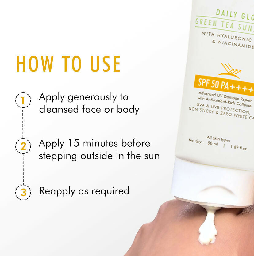mCaffeine Sun Fix Daily Glow Green Tea Sunscreen SPF 50 PA++++ with Niacinamide, Lightweight & No White Cast | Grocsy