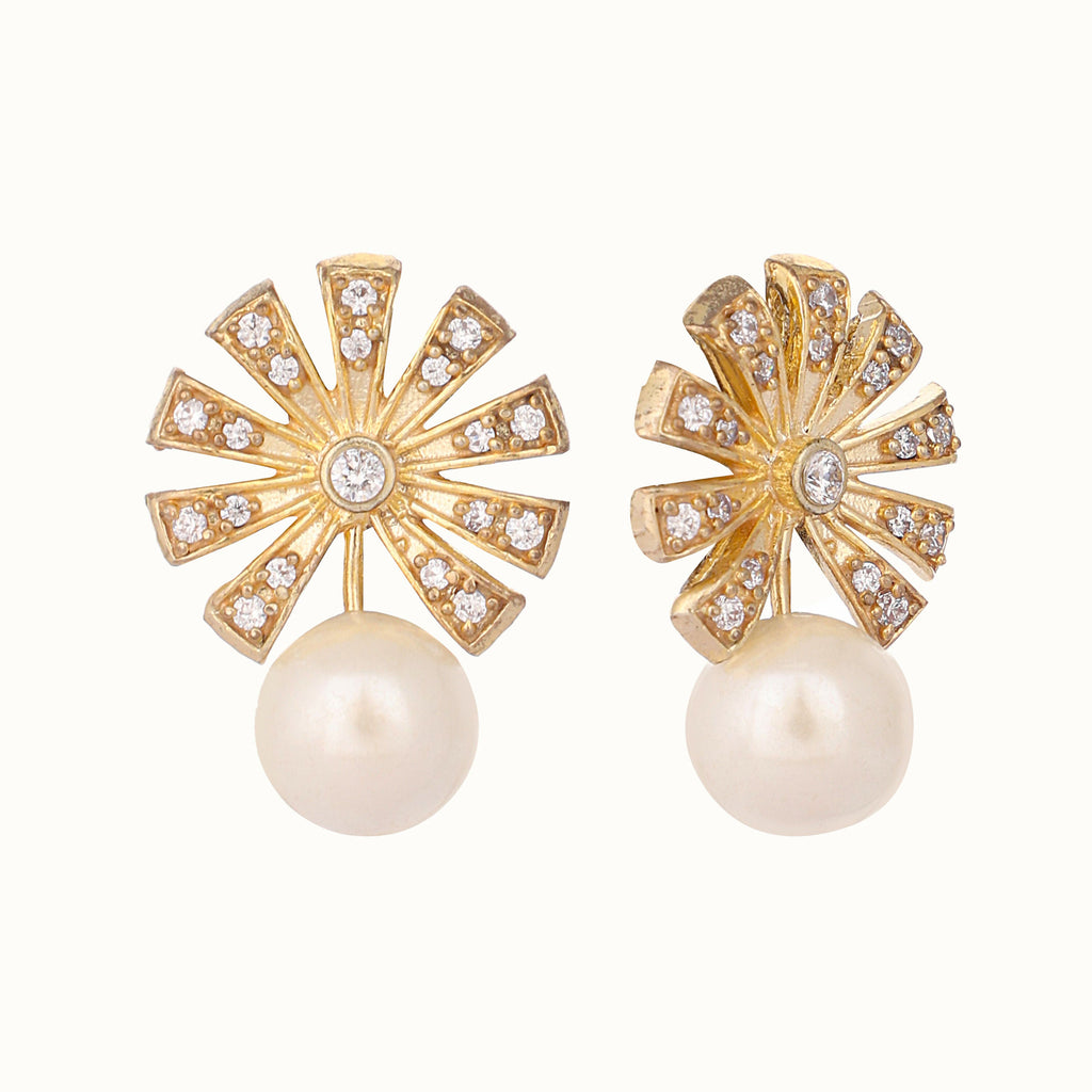 Nuyug 22K Gold-Plated Pearl Drop Zircon Floral Shaped Mini Stud Earrings | Grocsy