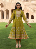Juniper Women's Green Thread Embroidered Georgette Kurta Dhoti Pant & Dupatta Set With Mirror Work & Sequins | Grocsy