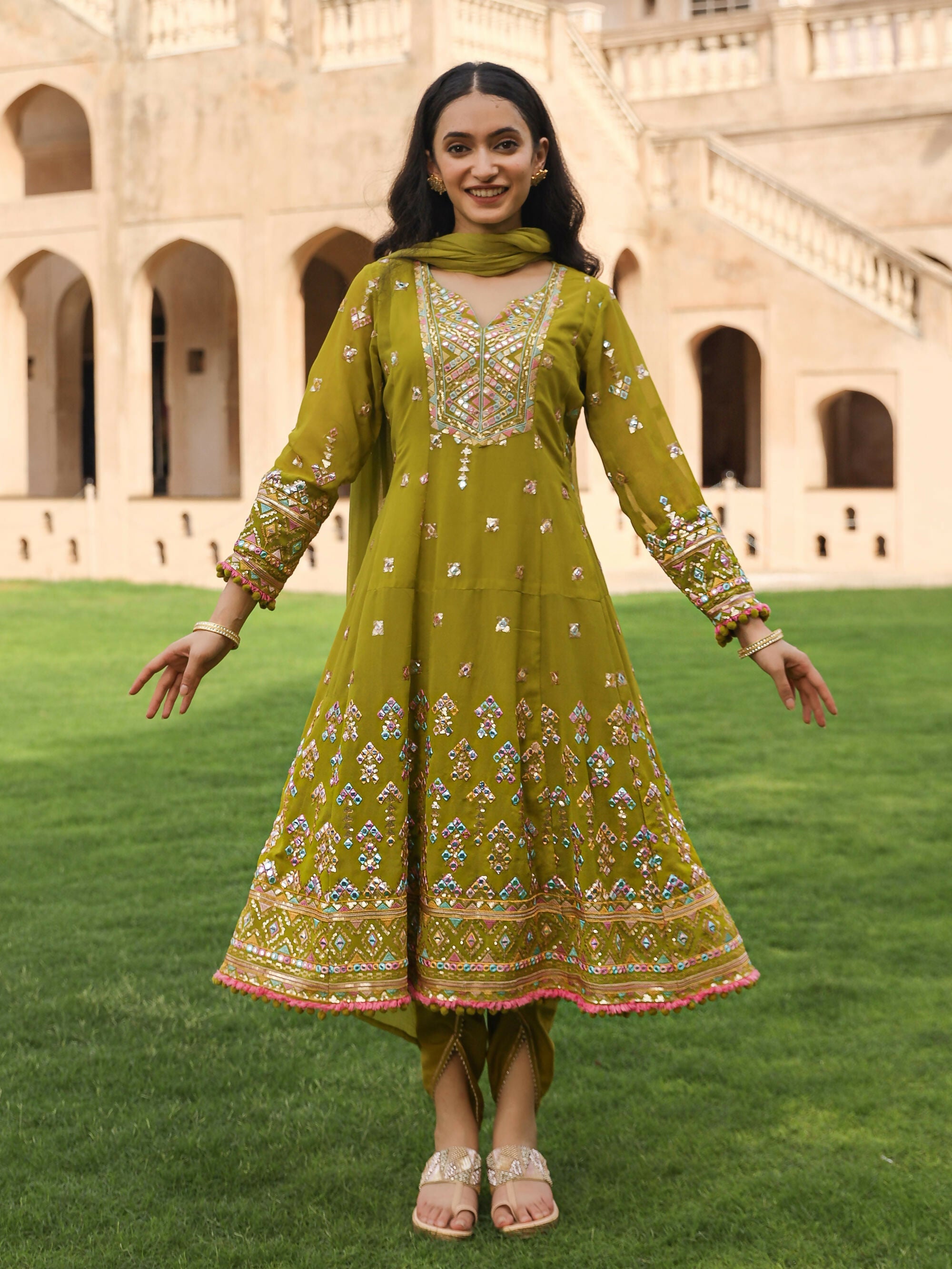 Juniper Women's Green Thread Embroidered Georgette Kurta Dhoti Pant & Dupatta Set With Mirror Work & Sequins | Grocsy