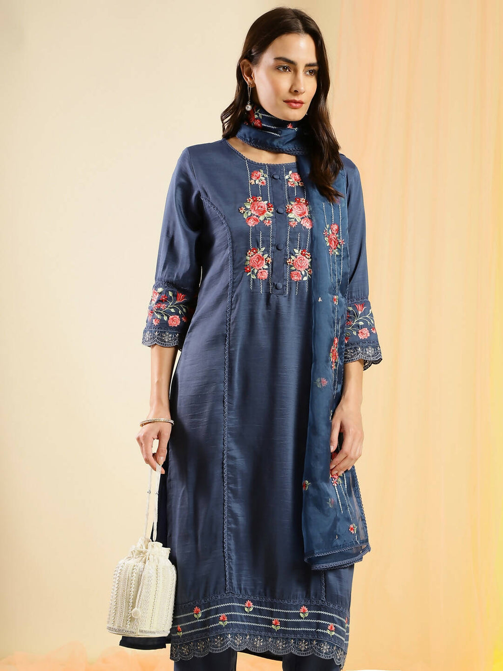 Navy Blue Chinon Embroidered Straight Kurta with Trouser & Dupatta - Salimar | Grocsy