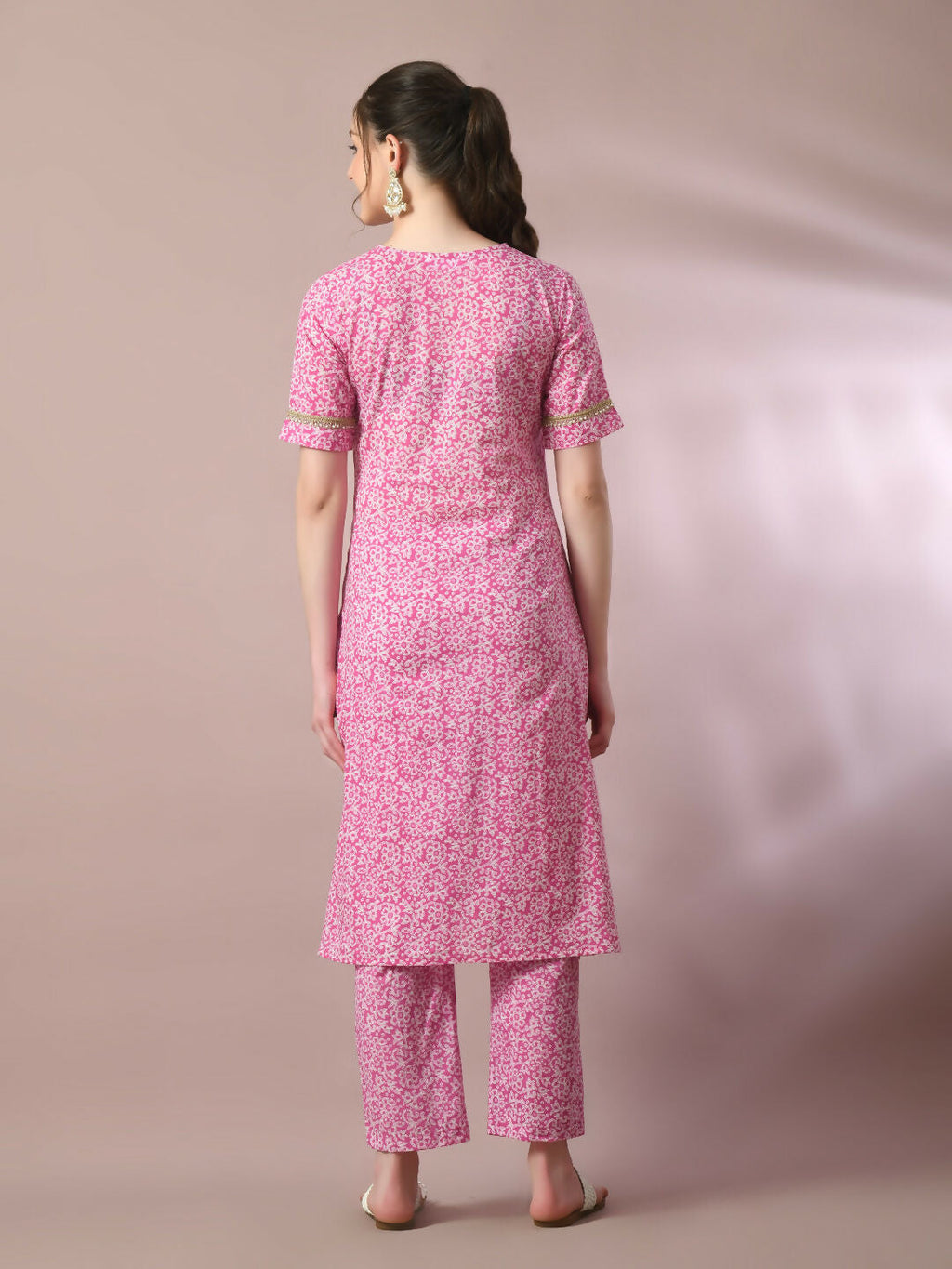 Myshka Women's Pink Printed Cotton Straight Party Kurta Set | Grocsy