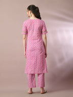 Myshka Women's Pink Printed Cotton Straight Party Kurta Set | Grocsy