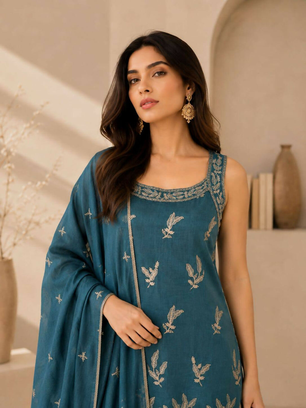 Teeya Creation Teal Blue Embroidered Georgette Straight Kurta With Palazzo And Dupatta Set | Grocsy