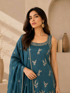 Teeya Creation Teal Blue Embroidered Georgette Straight Kurta With Palazzo And Dupatta Set | Grocsy