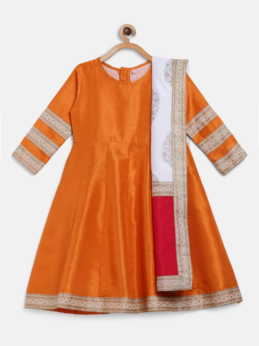 Ahalyaa Orange Poly Silk Anarkali Kids Kurta With Dupatta Set For Girls | Grocsy