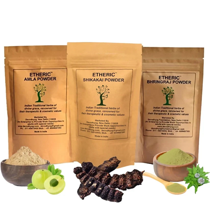 Etheric Amla Bhringraj Shikakai Powder Combo – Herbal Hair Growth & Strength Pack | Grocsy
