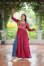 Vastranavya Pink Pink Navratri Special Rayon Kutchi Gamthi Work Kurti | Grocsy