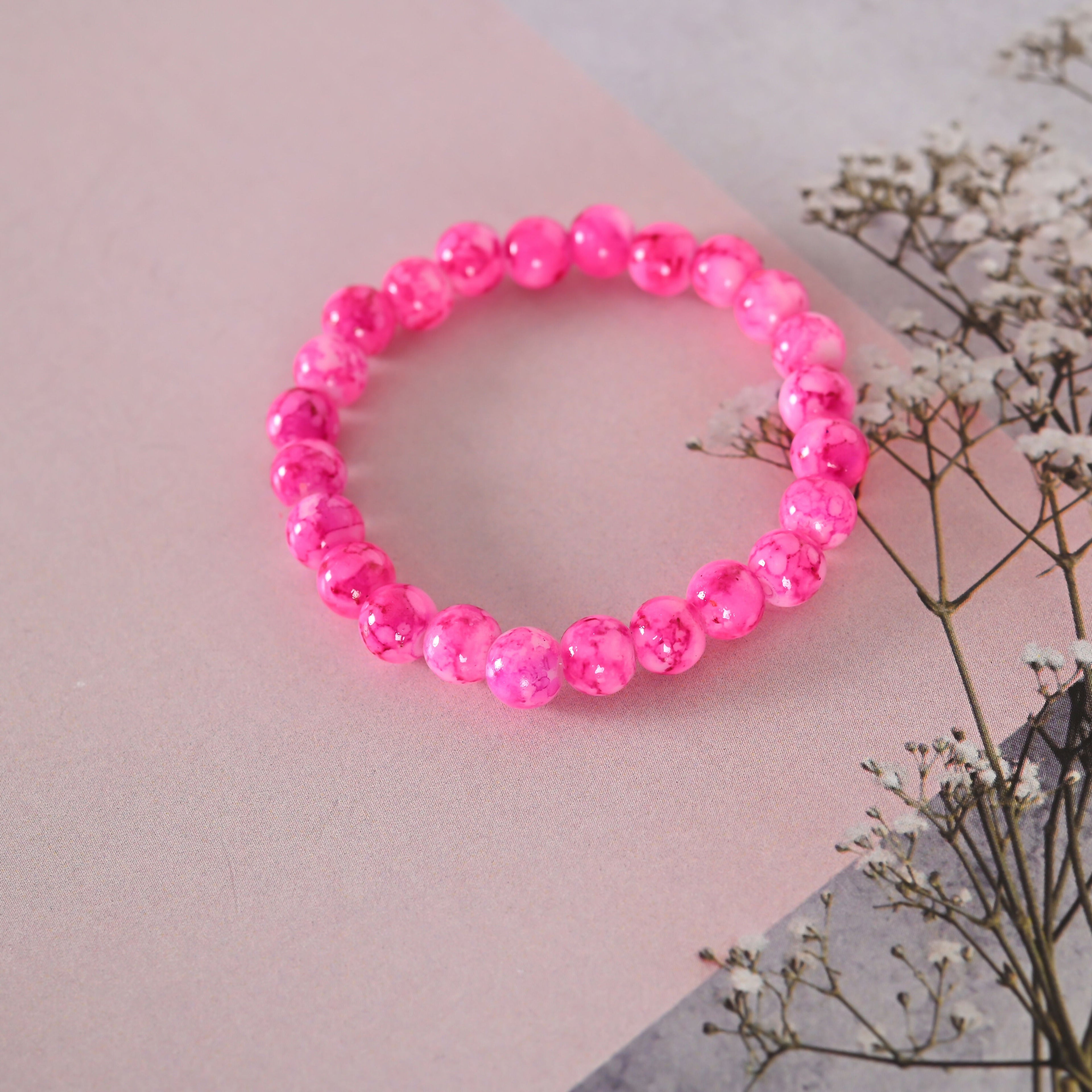 NVR Men & Women Pink Marble Crystal Beaded Elasticated Bracelet