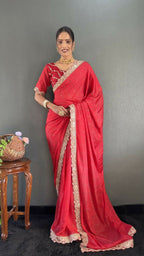 Vastranavya Red Georgette Silk Swarovski & Heavy Lace Work Ready to Wear Saree | Grocsy