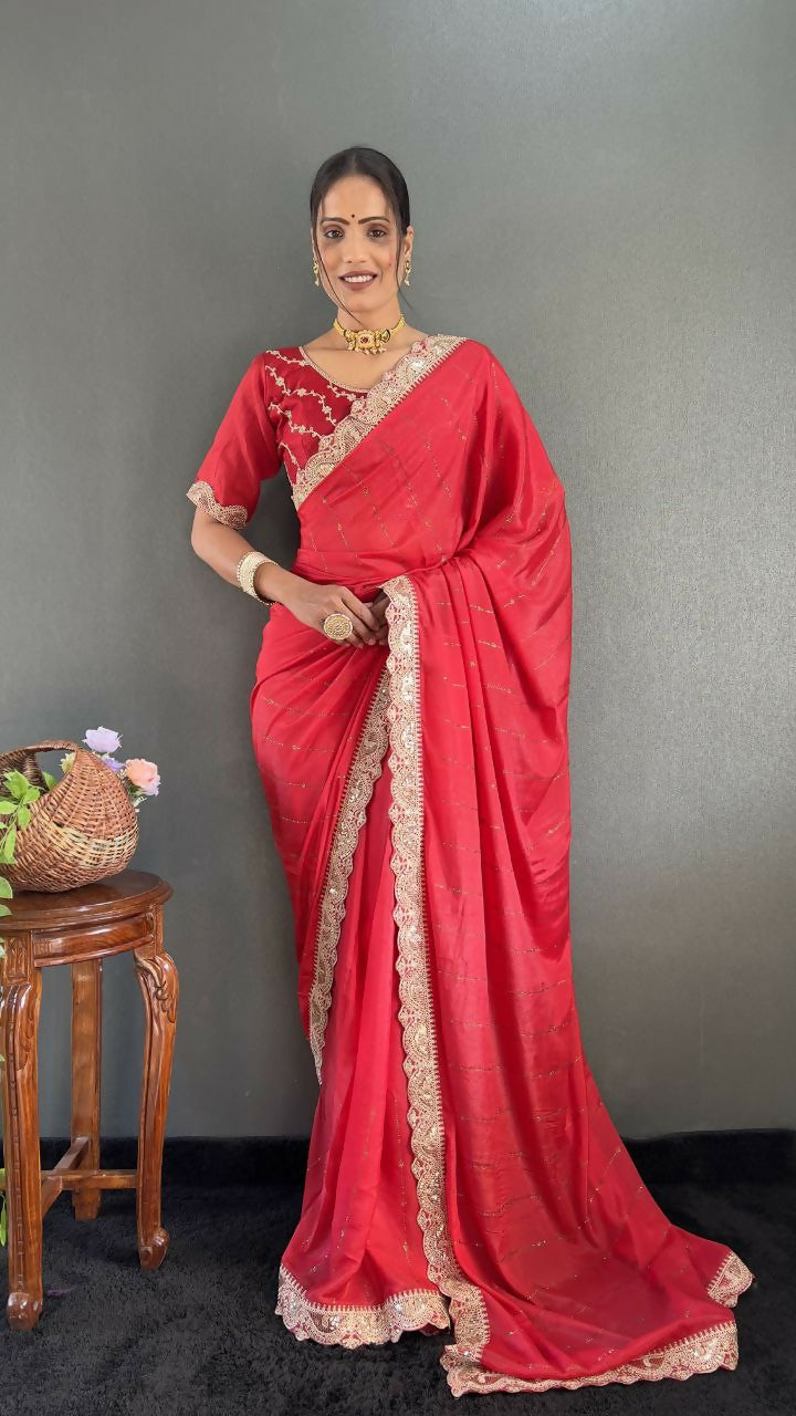 Vastranavya Red Georgette Silk Swarovski & Heavy Lace Work Ready to Wear Saree | Grocsy