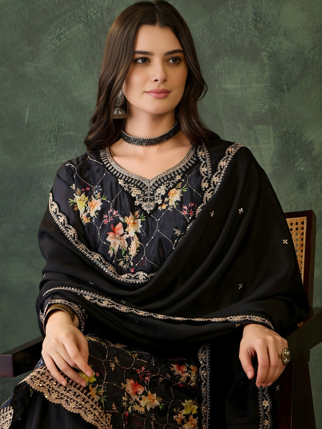 The52 Women's Gorgeous Embroidery Chinon Fabric Straight Kurta Palazzo and Dupatta Set-Black | Grocsy