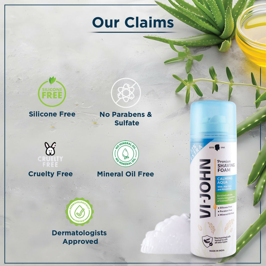 VI-JOHN Dermatologically Tested Premium Claming Aqua Shaving Foam Enriched with Aloevera & Almond Oil Free From Silicone, Paraben & Mineral Oil | Grocsy