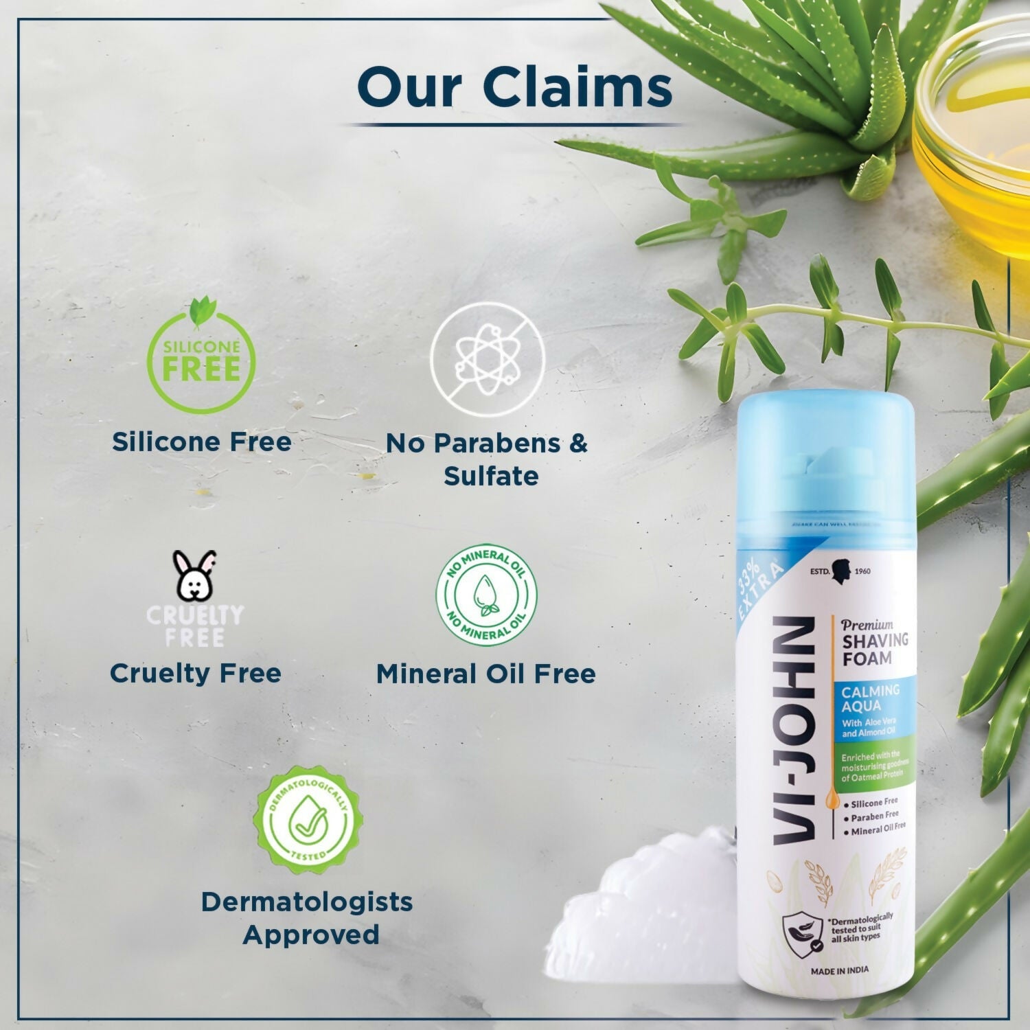 VI-JOHN Dermatologically Tested Premium Claming Aqua Shaving Foam Enriched with Aloevera & Almond Oil Free From Silicone, Paraben & Mineral Oil | Grocsy