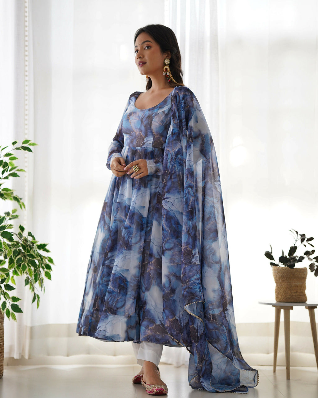 Joban Fashion Navy Blue Kurta Set Organza Sequin Embroidery Work | Grocsy