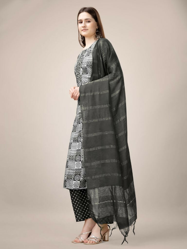 Jyoti Fashion Women's Black Rayon Print with Embroidery & Fancy Lace Work Kurta with Trouser & Dupatta | Grocsy