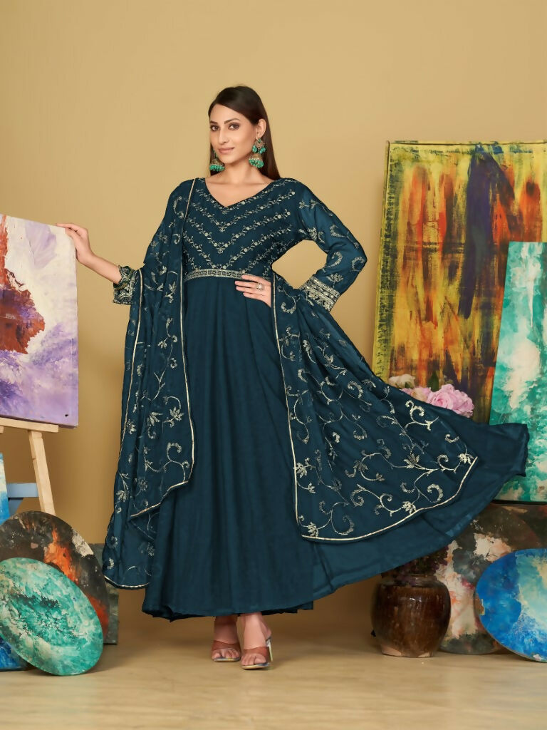 Jyoti Fashion Women's Teal Georgette Embroidered Anarkali Kurta Pant Set With Dupatta | Grocsy