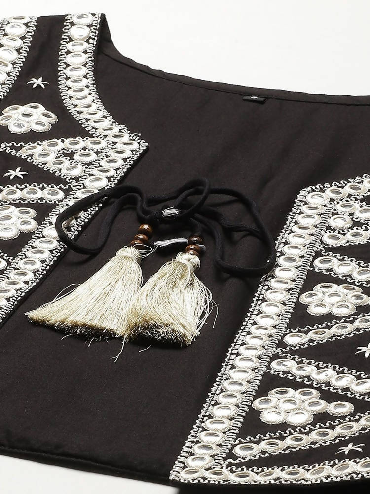 Yufta Women A-Line Black Dress With White Embroidered Jacket | Grocsy