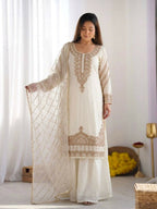 Teeya Creation Womens New Trendy Stylish Fancy Embroidery Beads Work Kurta Sharara Set For Wedding Wear - White | Grocsy