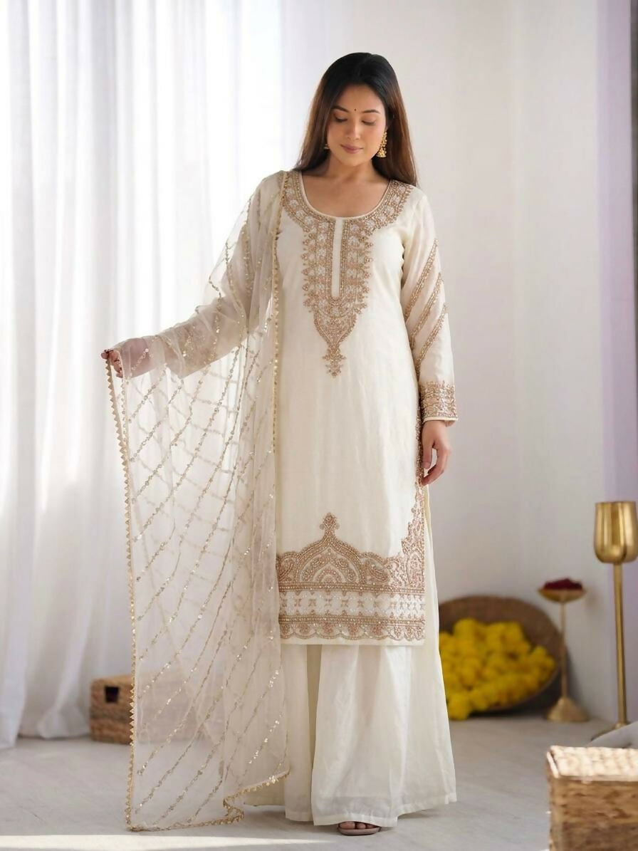 Teeya Creation Womens New Trendy Stylish Fancy Embroidery Beads Work Kurta Sharara Set For Wedding Wear - White | Grocsy
