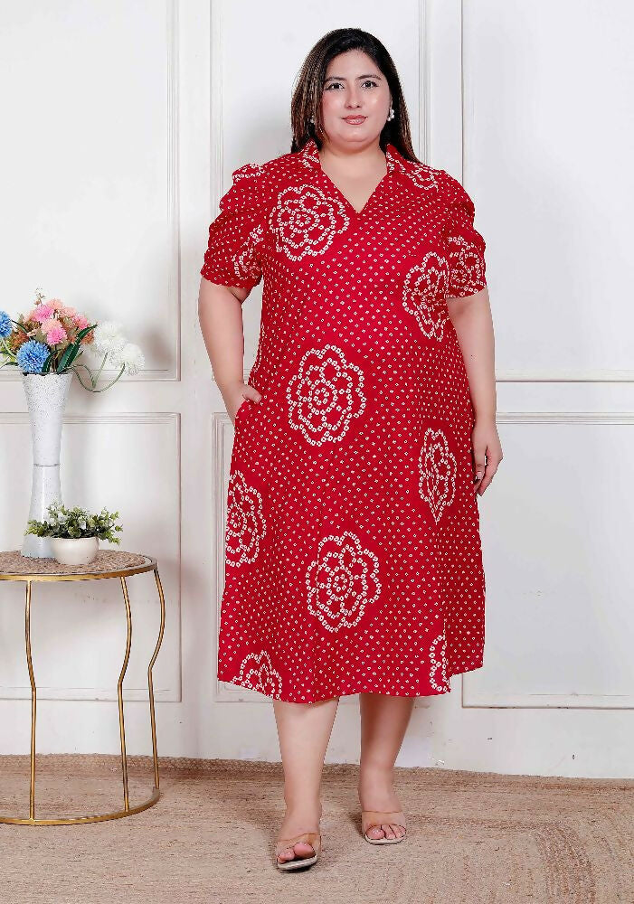 Miravan Plus Size Womens Red Bandhani Printed Collar Neck Maxi Dress | Grocsy