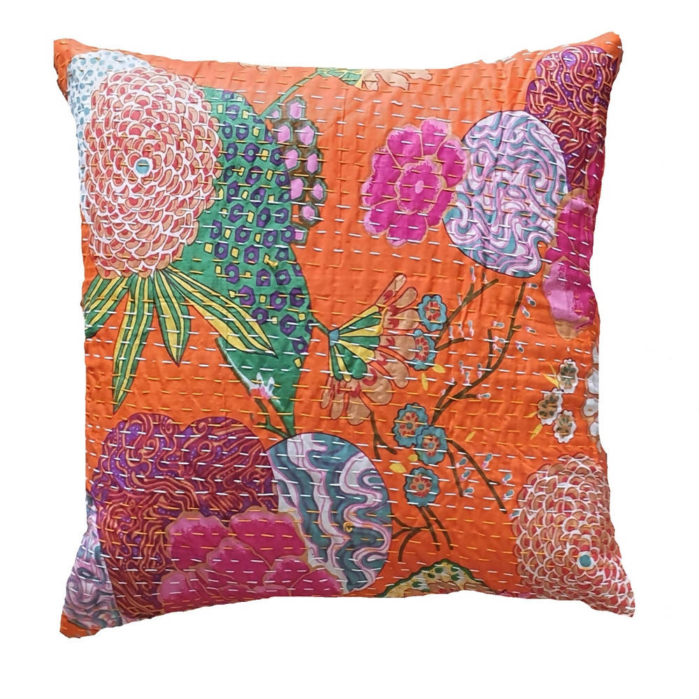 The Decor Nook Orange Base With Multicolour Flowers Print Cushion Cover | Grocsy