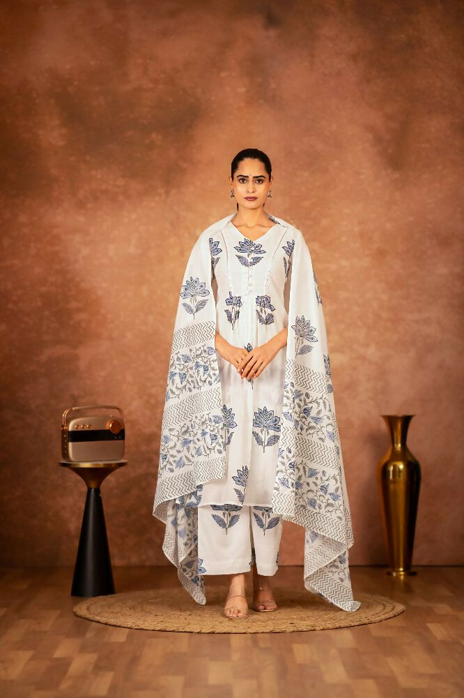 Joban Fashion Off White Blue Hand Block Printed Cotton Suit Set | Grocsy