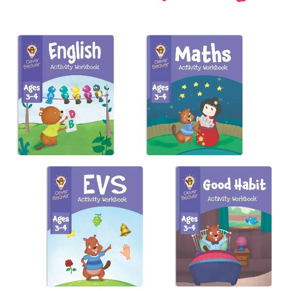 Jolly Kids Clever Beaver Ages 3-4 Years Fun Learning Workbooks Set of 4| Alphabets| Numbers| EVS| Good Habit| Workbooks for Kindergarten | Grocsy